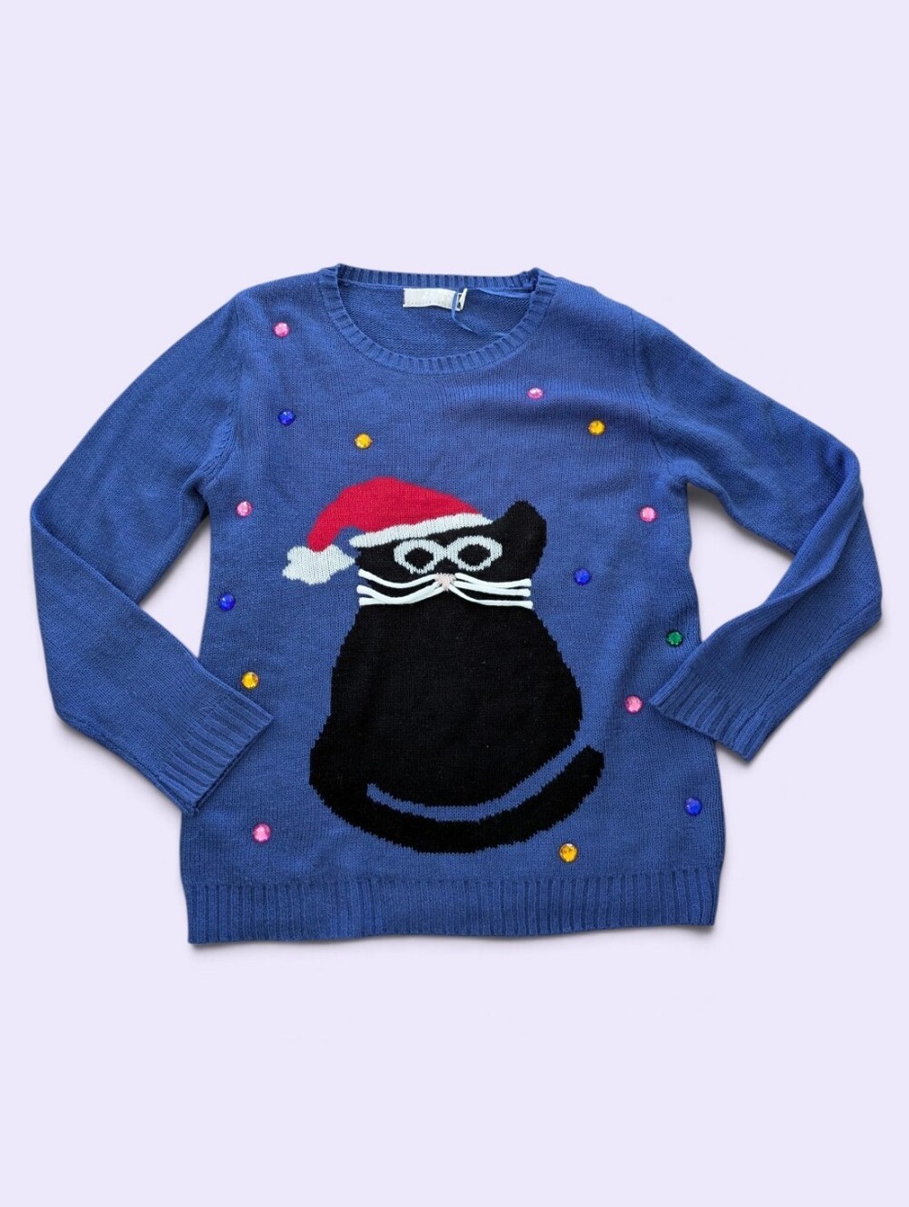Vtg 90s Carolyn Taylor Cat Christmas Sweater Women's L Blue Bedazzled Cat Lady